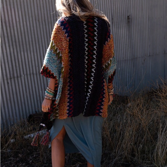 Colorful Crochet Patterned Ruana in Indigo - Picture 5 of 14